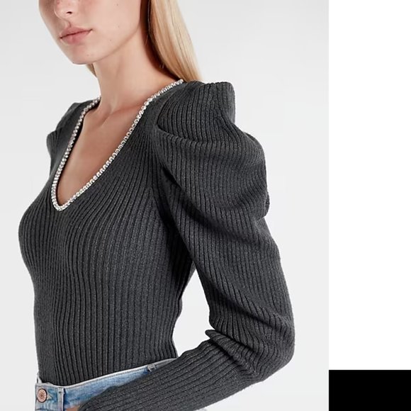 NWT Express Embellished Rhinestones V-Neck Puff Gray Sleeve Cocktail Sweater S - Picture 2 of 7